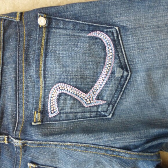 ROCK & REPUBLIC Roth medium wash flare jeans w/ purple pink sparkly rhinestones - Picture 3 of 9